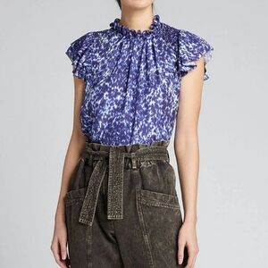 100% Silk Sea New York Celine Xxs Women's Smocked Blue Puff Sleeve Top